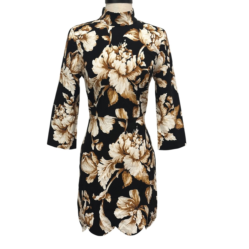 Maeve by Anthropologie Floral Scalloped Open Back Mini Dress Black Tan Size 2
